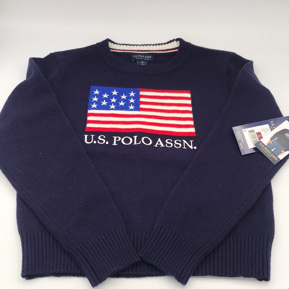 NWT U.S. Polo Assn. Navy Sweater with American Flag‎ Children’s Size Medium